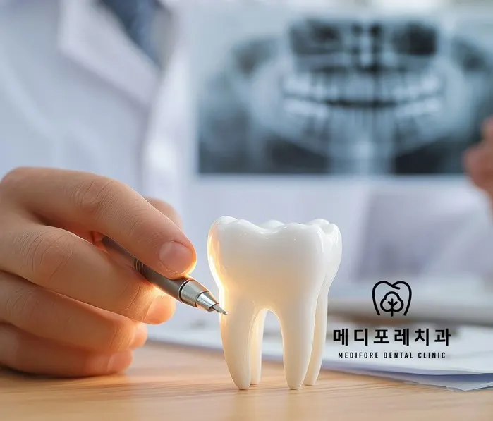 파노라마 방사선 사진이 띄워진 화면 앞에서 치아 모형을 기구로 가리키는 손